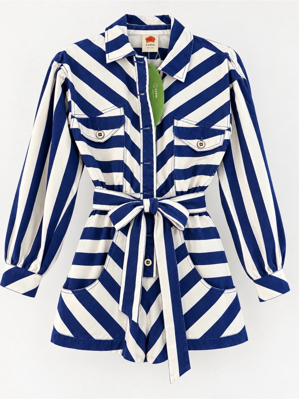 FARM Rio Blue & White Striped Belted Romper